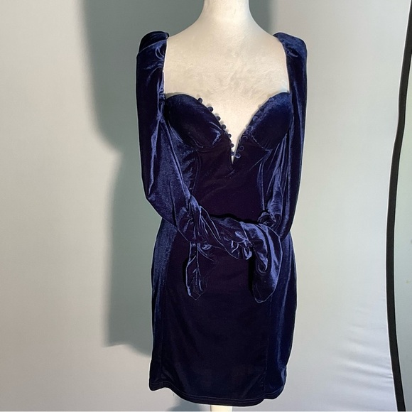 FASHIONNOVA, Sz M, Velveteen, Midnight Blue, BodyCon, Mini-Dress W Deep V Neck - Picture 10 of 16